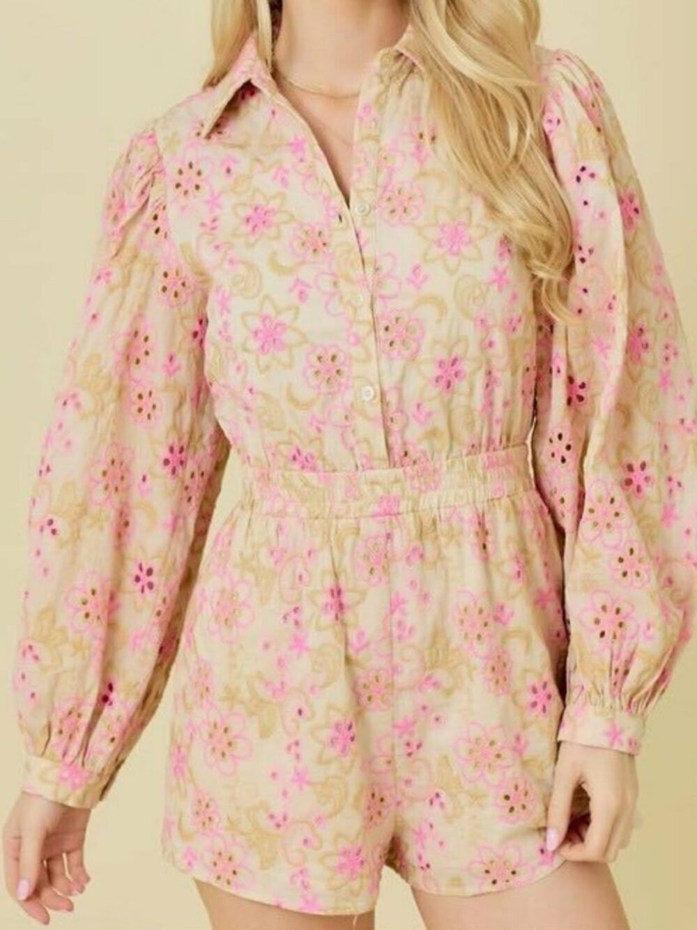 MAINSTRIP FLORAL EYELET LONG SLEEVE SHORTS ROMPER MEDIUM
